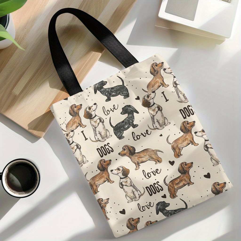 TEMU Chic Dachshund & Bow Print Canvas Tote Bag - Large Capacity, Reusable Shopping & Work Handbag For Women