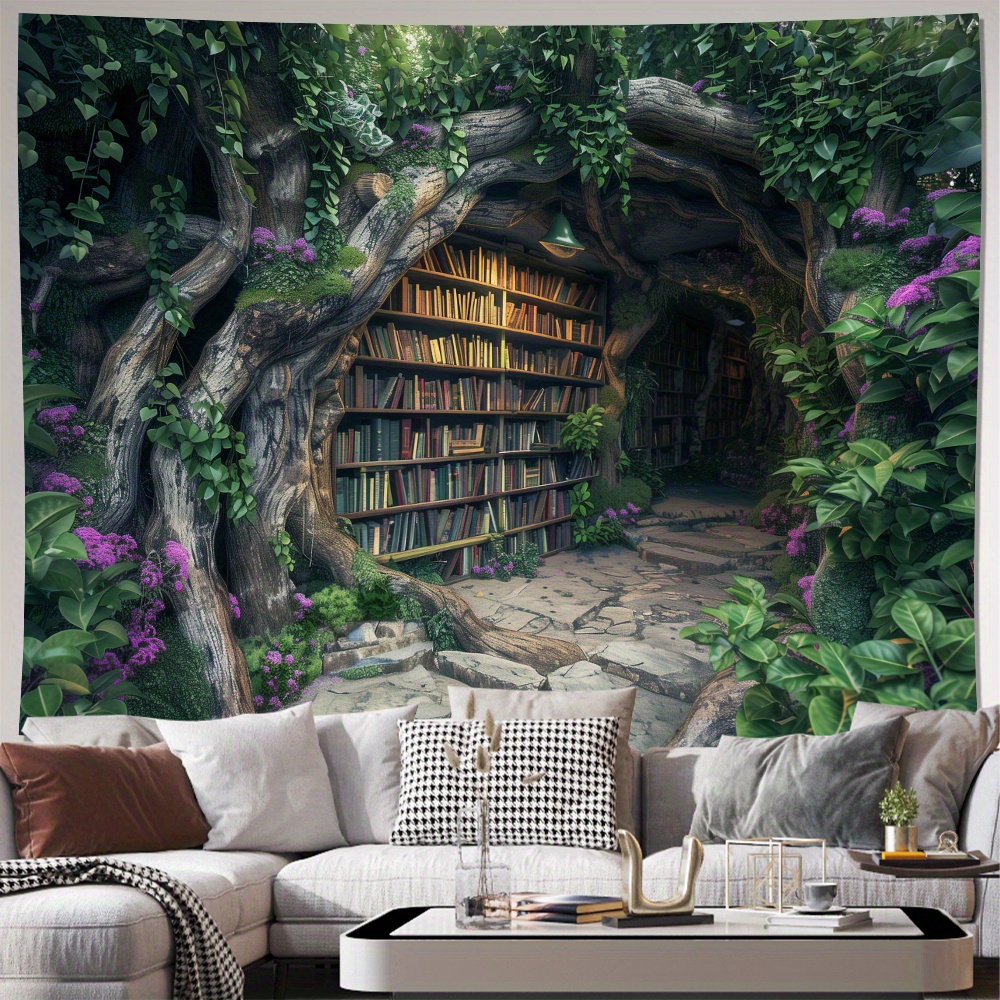 

Vintage Tree Cave Bookshelf Tapestry - Polyester Wall Hanging For Living Room, Bedroom, Office Decor | Includes Installation Kit