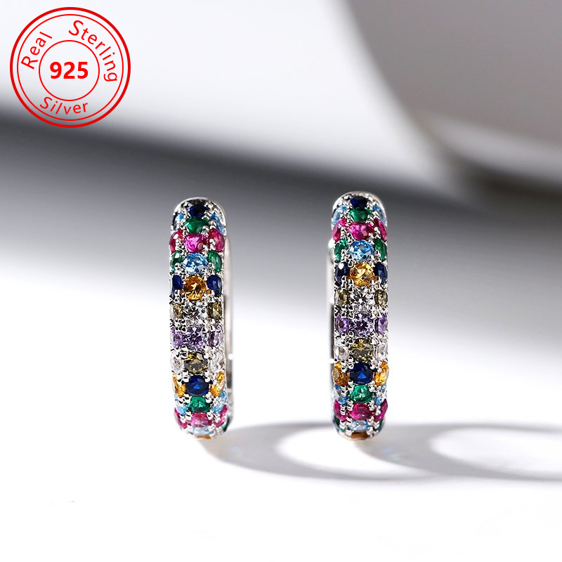TEMU A Pair Of Elegant 925 Sterling Silver Hoop Earrings - Low Allergy - Bohemian And Vintage Style With Sparkling Colorful Zirconia - Perfect For