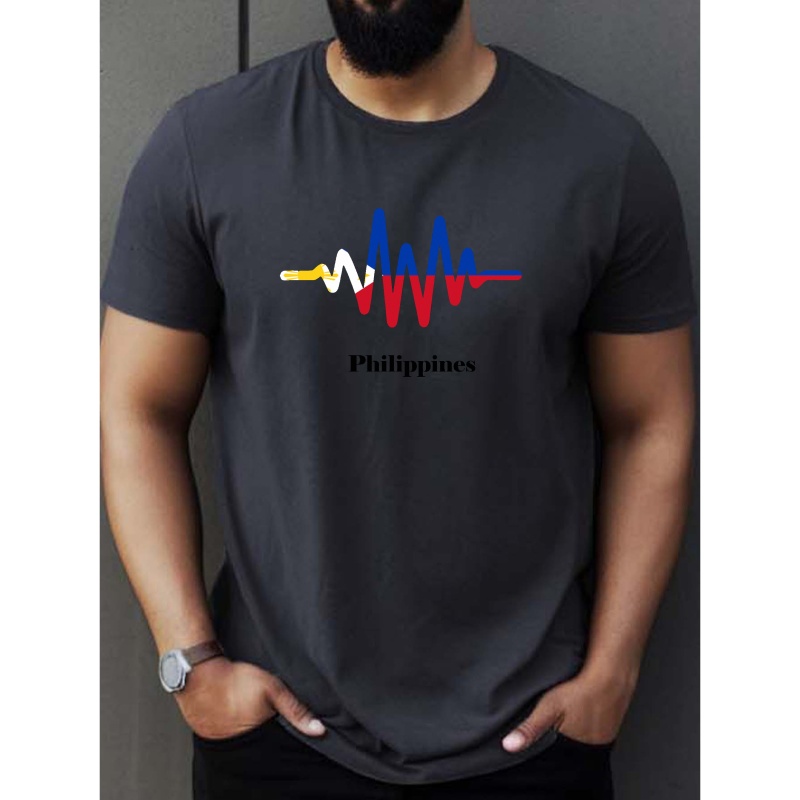 

Heartbeat Pattern Philippines Print Tee Shirt, Tees For Men, Casual Short Sleeve T-shirt For Summer