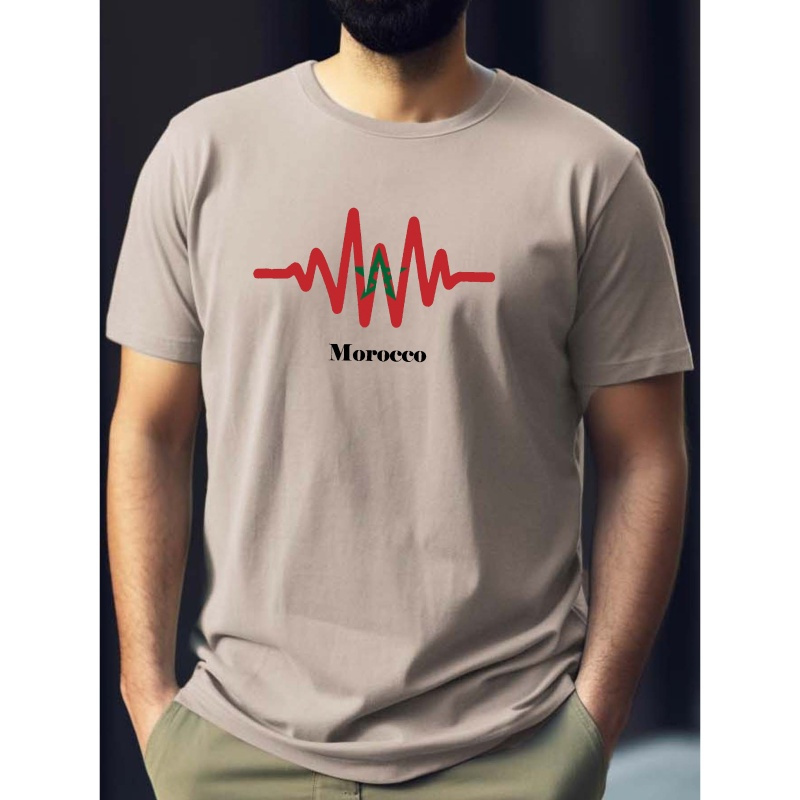 

Morocco Flag Line Print Tee Shirt, Tees For Men, Casual Short Sleeve T-shirt For Summer