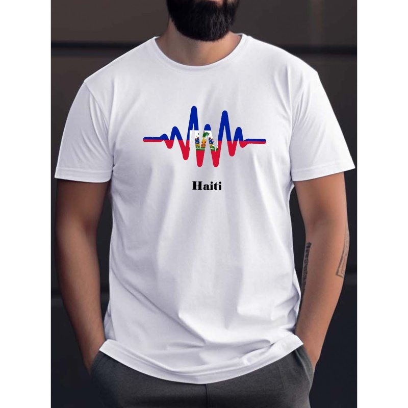 

Heart Beat Pattern Haiti Print Tee Shirt, Tees For Men, Casual Short Sleeve T-shirt For Summer