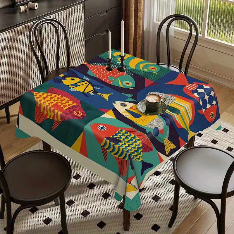 

Vintage-inspired Fish Pattern Tablecloth - Waterproof, Oil & Stain Resistant Polyester, Perfect For Home & Restaurant Decor