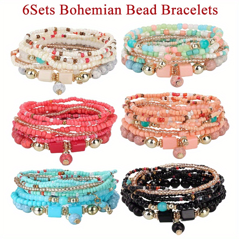 

6set (total 48pcs) New Arrival Bohemian Stacked Bead Bracelet, Multi Layer Elastic Bracelet With Multi Color Jewelry Set, Ethnic Charm Bracelet, Jewelry Gift For Women, Men, Girls, Boys, Teenagers