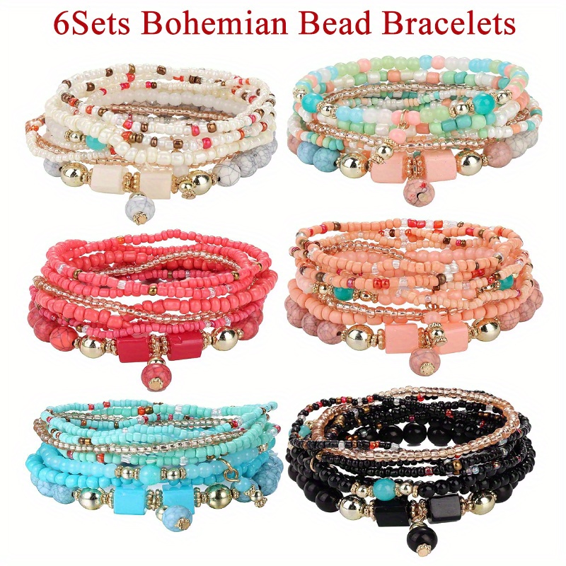 TEMU 6set (total 48pcs) New Bohemian Bead Bracelet, Multi Layer Bracelet With Multi Color Jewelry Set, Ethnic Charm Bracelet, Jewelry Gift For Women, Men, Girls, Boys, Teenagers