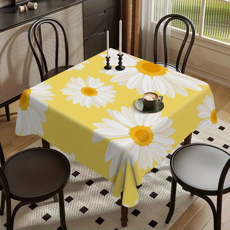 

Chic Yellow Daisy Tablecloth - Waterproof, Oil-resistant & Stain-proof Polyester Table Cover For Home And Restaurant Decor Waterproof Tablecloth Vinyl Tablecloth With Flannel Backing