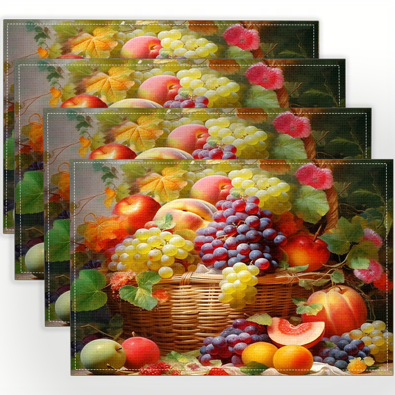 

4-pack Fresh Fruit Print Linen Placemats - Woven, 100% Linen, Rectangular Table Mats For Dining And Kitchen, Slip Resistant & Heat Insulation, Ideal For Coffee Tables And Home Decor, Machine Washable