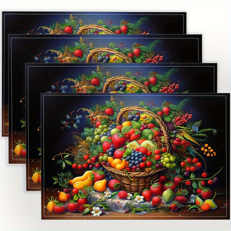 

Set Of 4 Woven Linen Place Mats - Aesthetic Fruit Print Design | 100% Linen Rectangular Table Mats | Machine Washable, Non-slip, Heat-resistant | Ideal For Dining, Kitchen, Parties & Home Decor