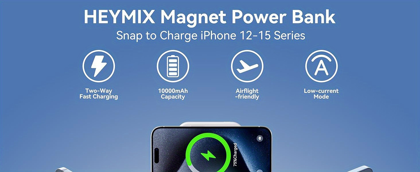 HEYMIX 10000mAh Wireless Power Bank, 20W Fast Charging with Built-in Cable, 4-in-1 Portable MagSafe Battery Pack, USB Type-C, Rechargeable Lithium Polymer, for iPhone 15/14/13, for SamSung, Pixel, Multidevice Compatibility|Magnetic Charging Adapter|Versatile Charging Ports, Portable Charger