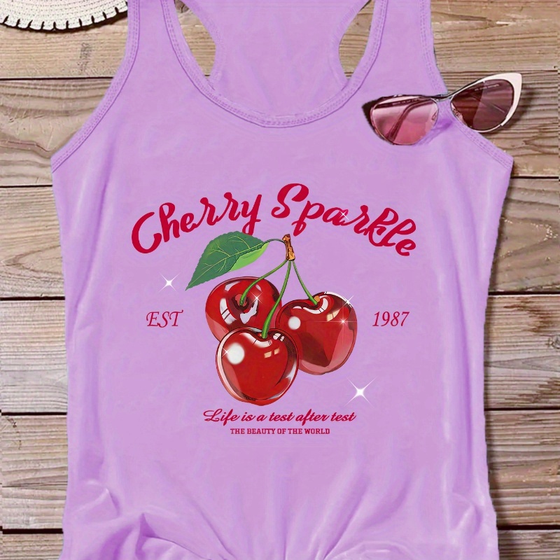 

Cherry & Letter Print Casual Vest T-shirt, Round Neck Racer Back Fashion Sports Tank Top, Women's Activewear