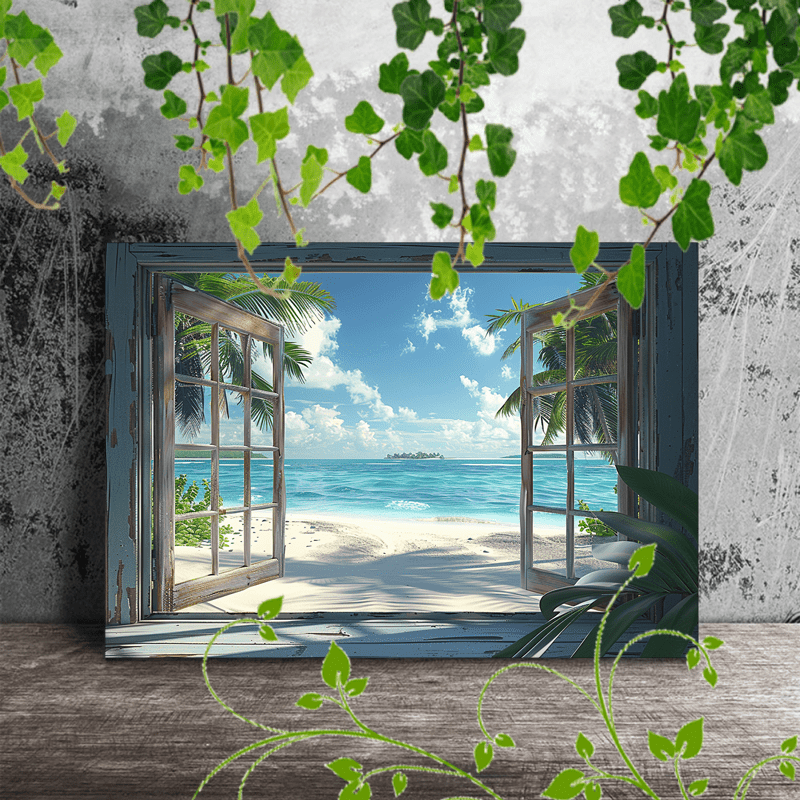 

1pc Wooden Framed Canvas Painting, An Reveals A Beach Scene With Palm Trees, , And A Ocean Under A