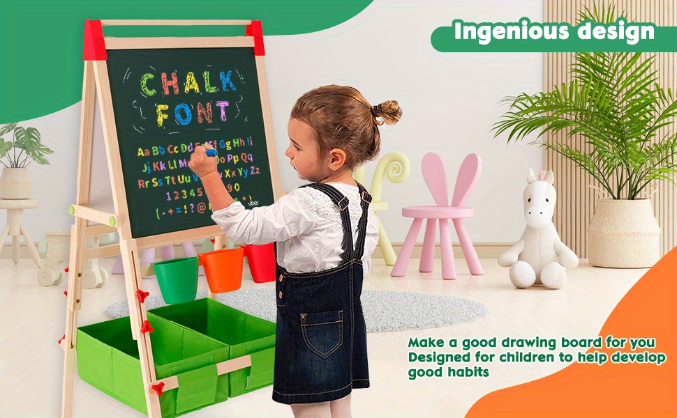 Kid's Art Easel Double Sided Easel For Kids Whiteboard Chalkboard With Adjustable Standturn 360 Degrees