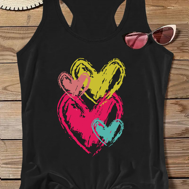 

Colorful Heart Print Casual Vest T-shirt, Round Neck Racer Back Fashion Sports Tank Top, Women's Activewear