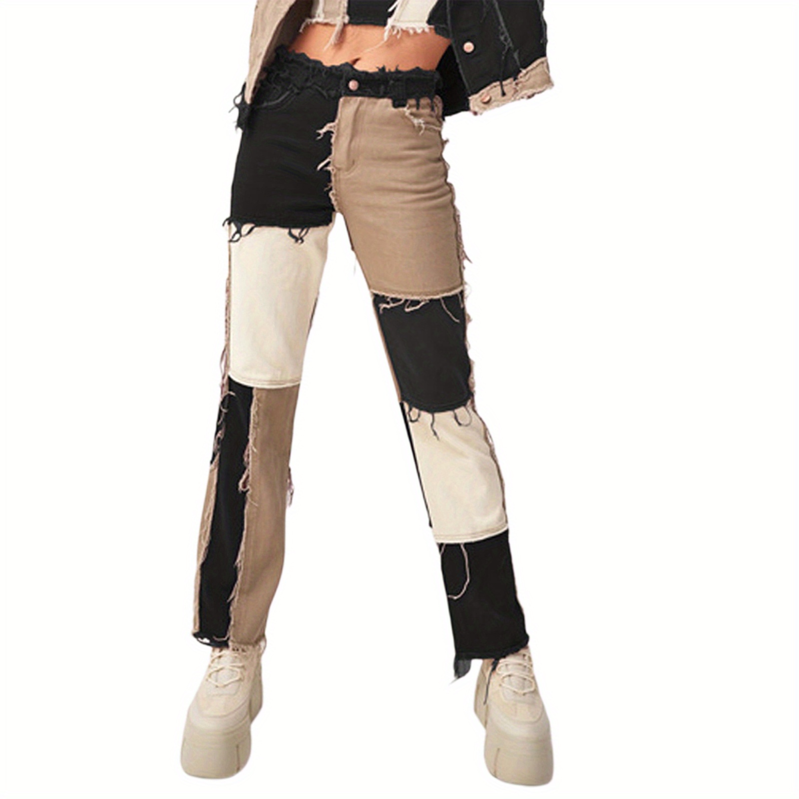 

Women's High-waist Straight Leg Jeans, Casual Color Block Patchwork Raw Trim Stitching, Full-length Pants With Pockets