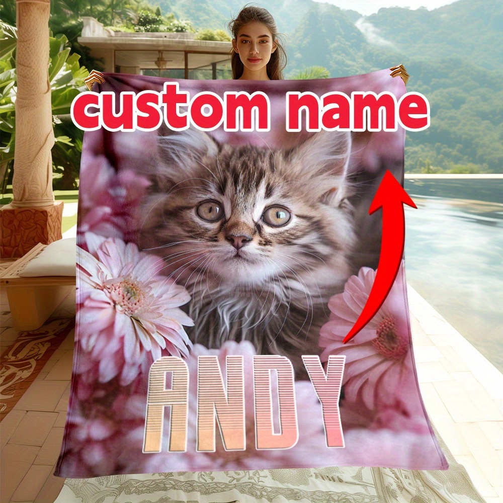 

Personalized Cozy Flannel Throw Blanket With Custom Name - Pink Floral & Cat Design, Soft Lightweight For Sofa, Bed, Travel, Camping, Office - & Machine Washable