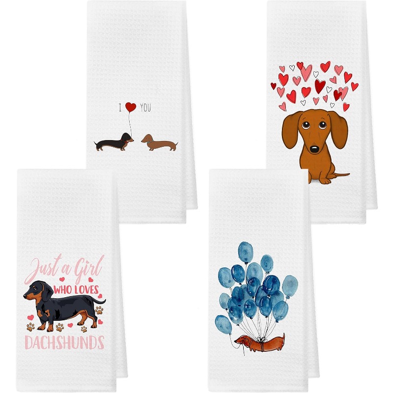 

Dachshund-themed Kitchen Towel Set - 4pcs, Ultra-soft Polyester Blend, Quick-dry Dish Cloths For Cooking & Baking, Perfect Housewarming Or Mother's Day Gift, 18x26 Inches