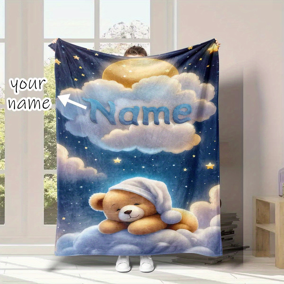 

Custom Dreamy Blue Starry Sky & Sleeping Bear Blanket - Personalized Name, Soft Flannel, Perfect For All Seasons, Ideal Birthday Or Holiday Gift