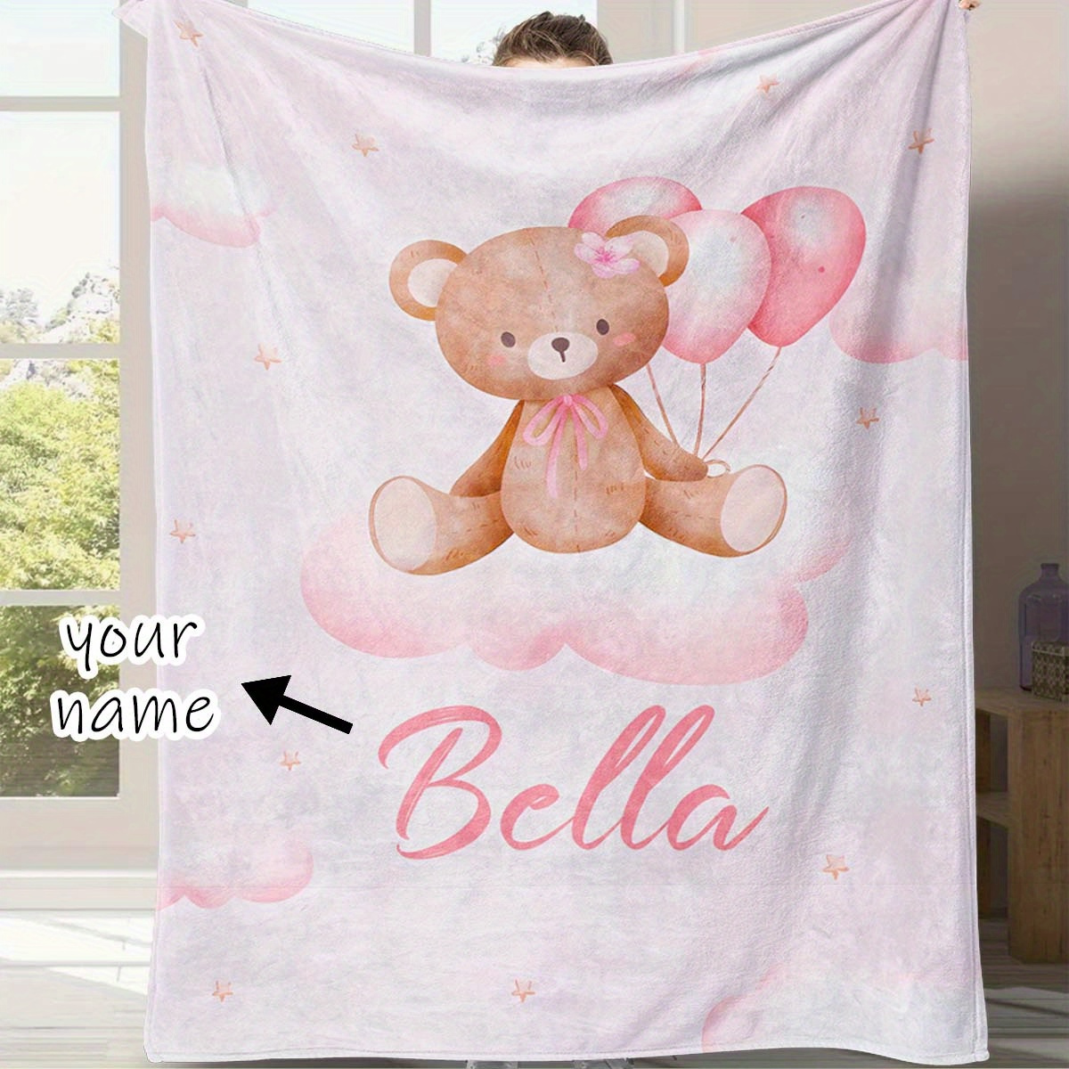 

Custom Dreamy Gradient Pink Cloud & Teddy Bear Balloon Blanket - Personalized Name, Soft Flannel For All Seasons, Perfect Birthday Or Holiday Gift