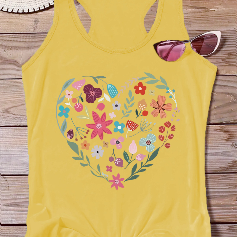 

Floral & Heart Print Casual Vest T-shirt, Round Neck Racer Back Fashion Sports Tank Top, Women's Activewear