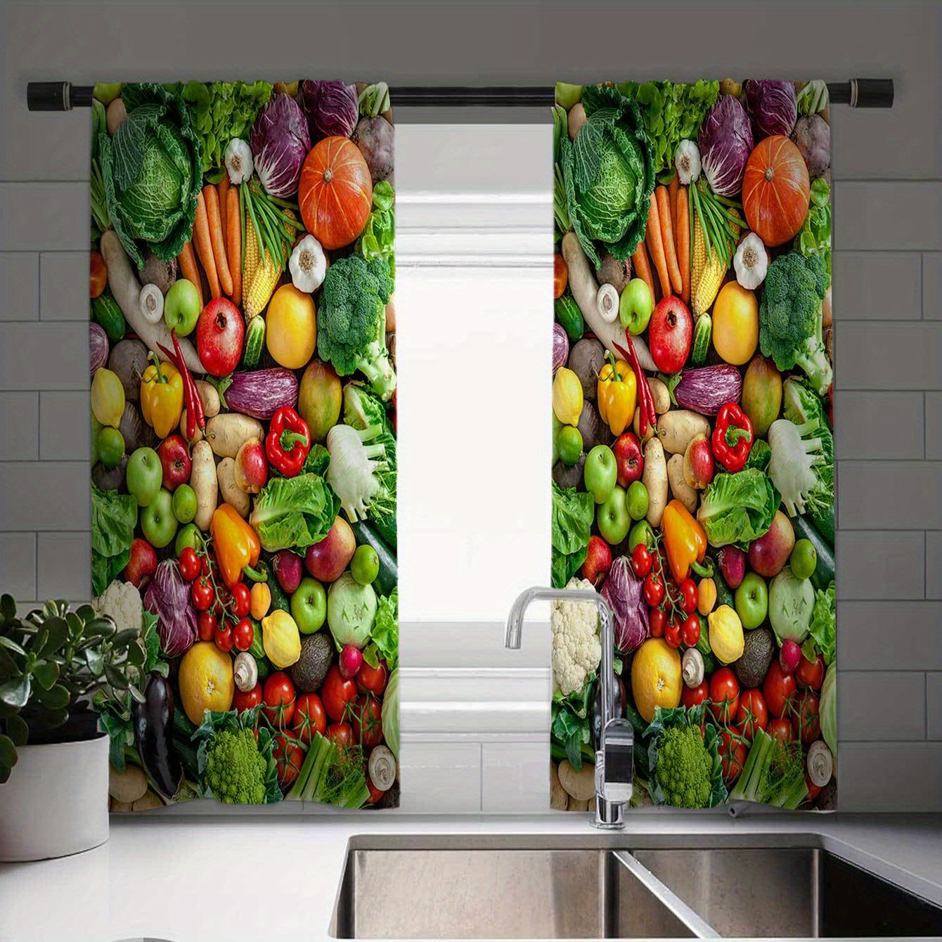 

1 Elegant Curtain And 2 Cafe Curtains - Vegetable And Fruit Print Curtains, European Tableware Design - Vintage Style Window Decoration, For Kitchen, Farmhouse, Living Room And Bedroom Decoration