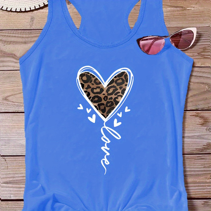 

Heart & Leopard Print Casual Vest T-shirt, Round Neck Racer Back Fashion Sports Tank Top, Women's Activewear