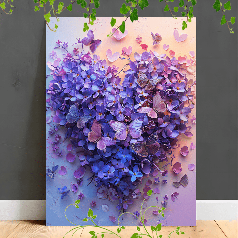 

1pc Wooden Framed Canvas Painting A Heart-shaped Formation Of Purple Flowers And Butterflies Creates A Romantic And Dreamy Scene On A Pastel Gradient