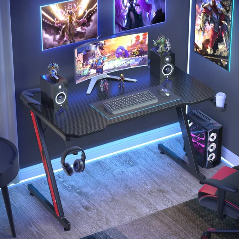 

Gaming Desk With Z Shaped Legs, Home Game Computer Desk With Carbon Fiber Surface, Ergonomic Office Pc Workstation With Cable Management