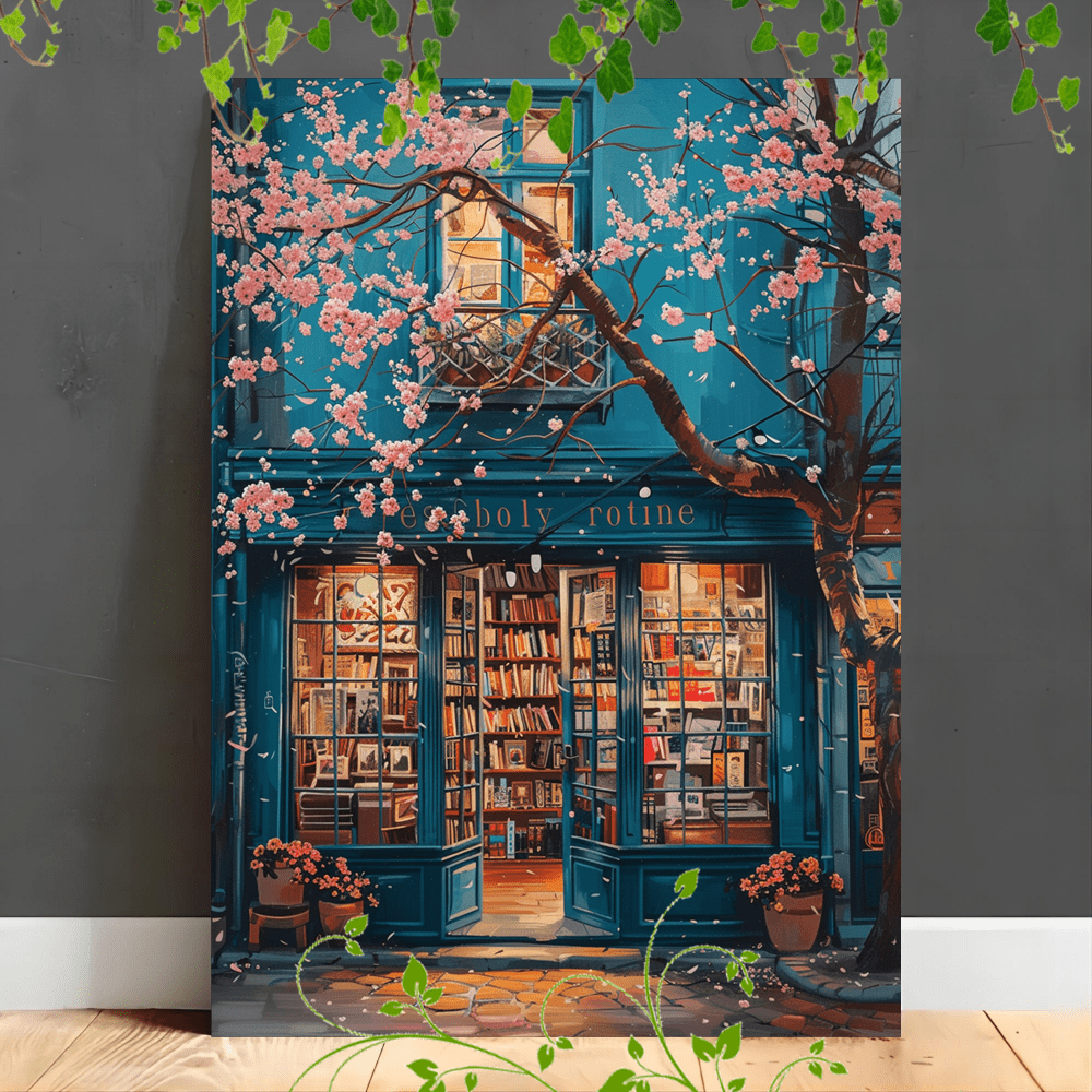 

1pc Wooden Framed Canvas Painting Bookstore, Blue , , Books, Flowers, Cozy Atmosphere