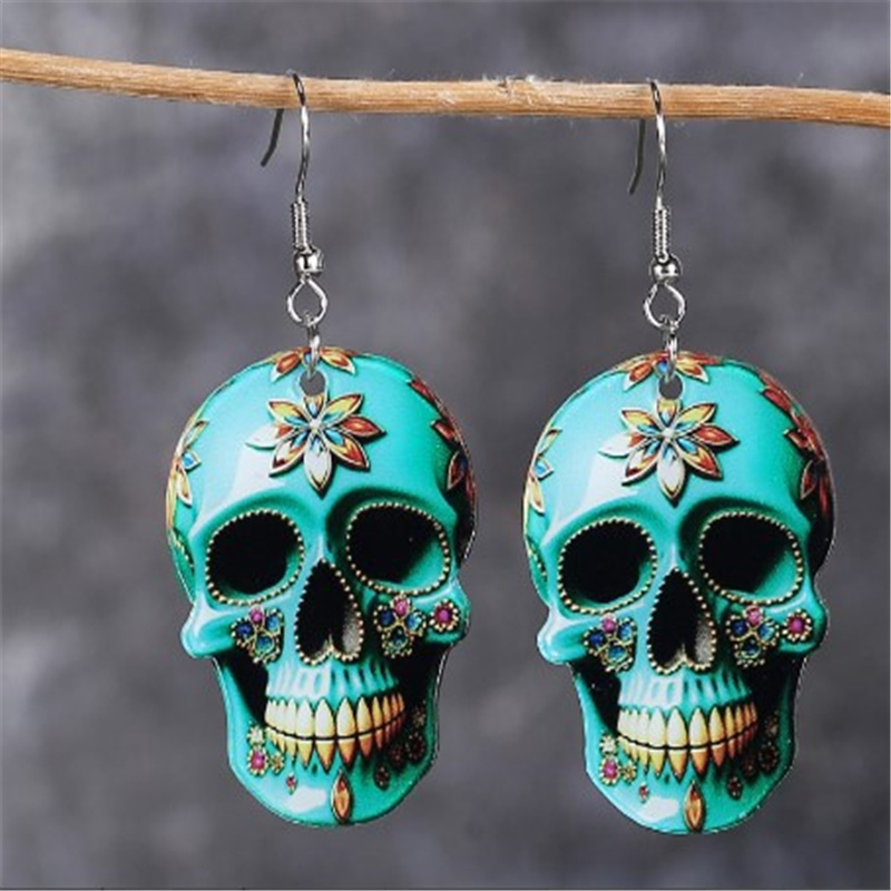 

1pair Fashion Punk Men's Colorful Floral Pattern Skull Acrylic Dangle Earrings, Holiday Party Gift