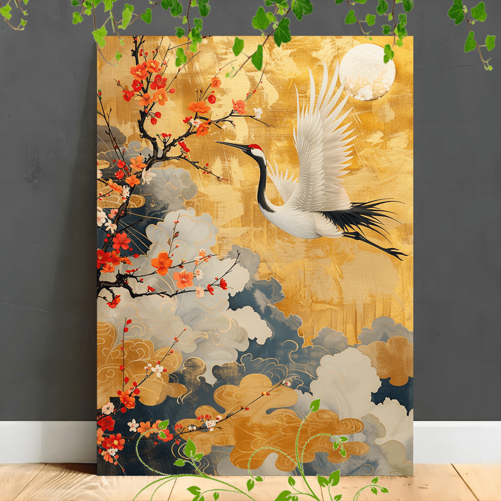 

1pc Wooden Framed Canvas Painting A Traditional Japanese-style Artwork Depicting A Crane In Flight Surrounded By Golden Clouds And