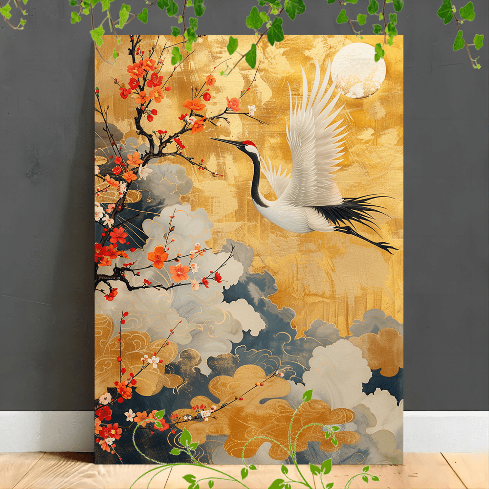 

1pc Wooden Framed Canvas Painting A Traditional Japanese-style Artwork Depicting A Crane In Flight Surrounded By And