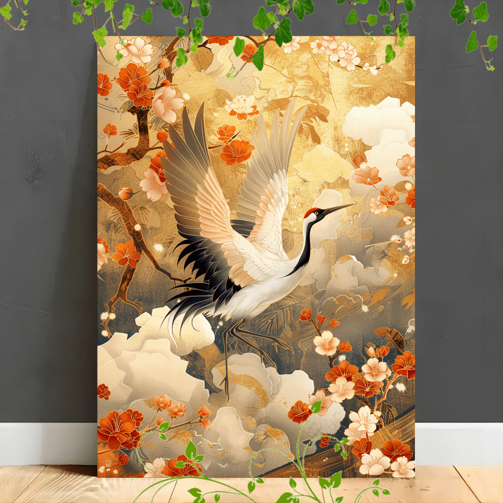 

1pc Wooden Framed Canvas Painting A Traditional Japanese-style Artwork Depicting A Crane In Flight Surrounded By Golden Clouds And (1)