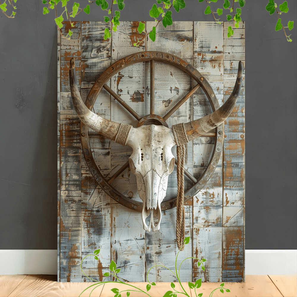 

1pc Wooden Framed Canvas Painting Cow , Wagon Wheel, Rope, Rustic Setting, Western Decor, Aged Wood