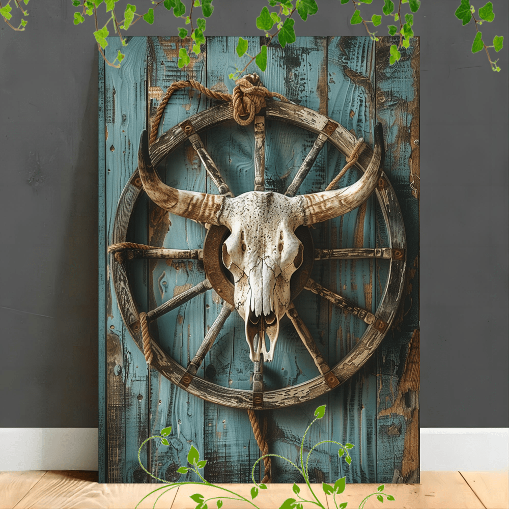 

2d Flat, 1pc 2d Flat Wooden Framed Canvas Painting Cow , Wagon Wheel, Rope, Rustic Setting, Western Decor, Aged Wood(1), Room Decor