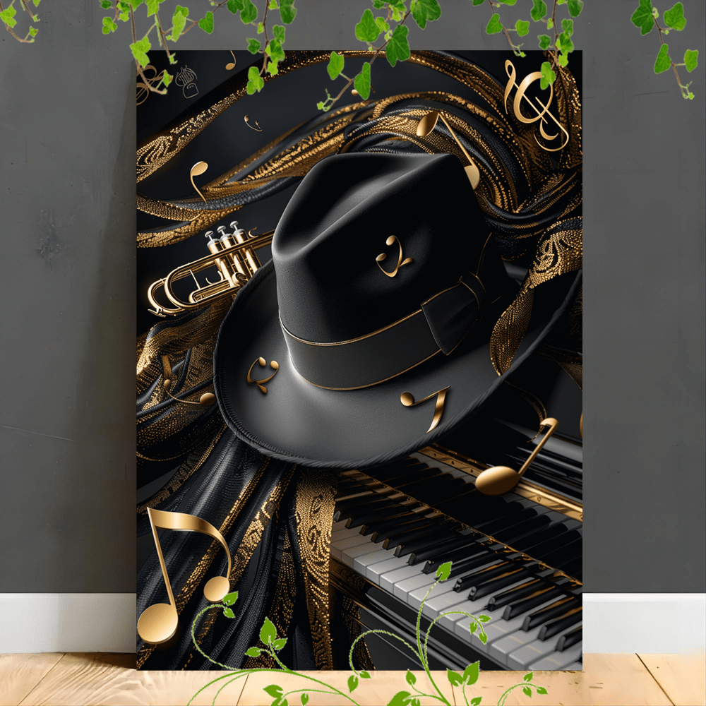 

1pc Wooden Framed Canvas Painting Black Piano With Musical Notes, Golden Trumpet, And Symbols, Sleek Black And White Fedora Hat, Elegant And Sophistic