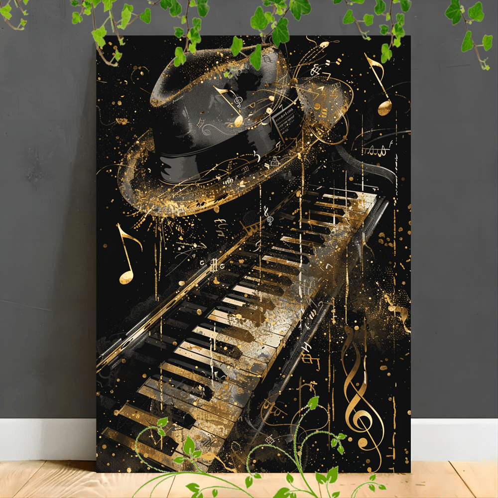 

1pc Wooden Framed Canvas Painting Black Piano With Musical Notes, Golden Trumpet, And Symbols, Sleek Black And White Fedora Hat, Elegant And Sophistic