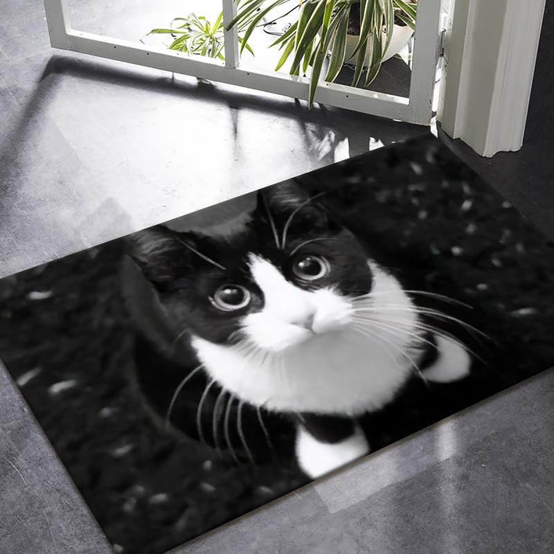 black white cat pattern non slip doormat polyester hand washable indoor outdoor welcome mat anti skid bathroom rug under 1 8m long area   16m details 9