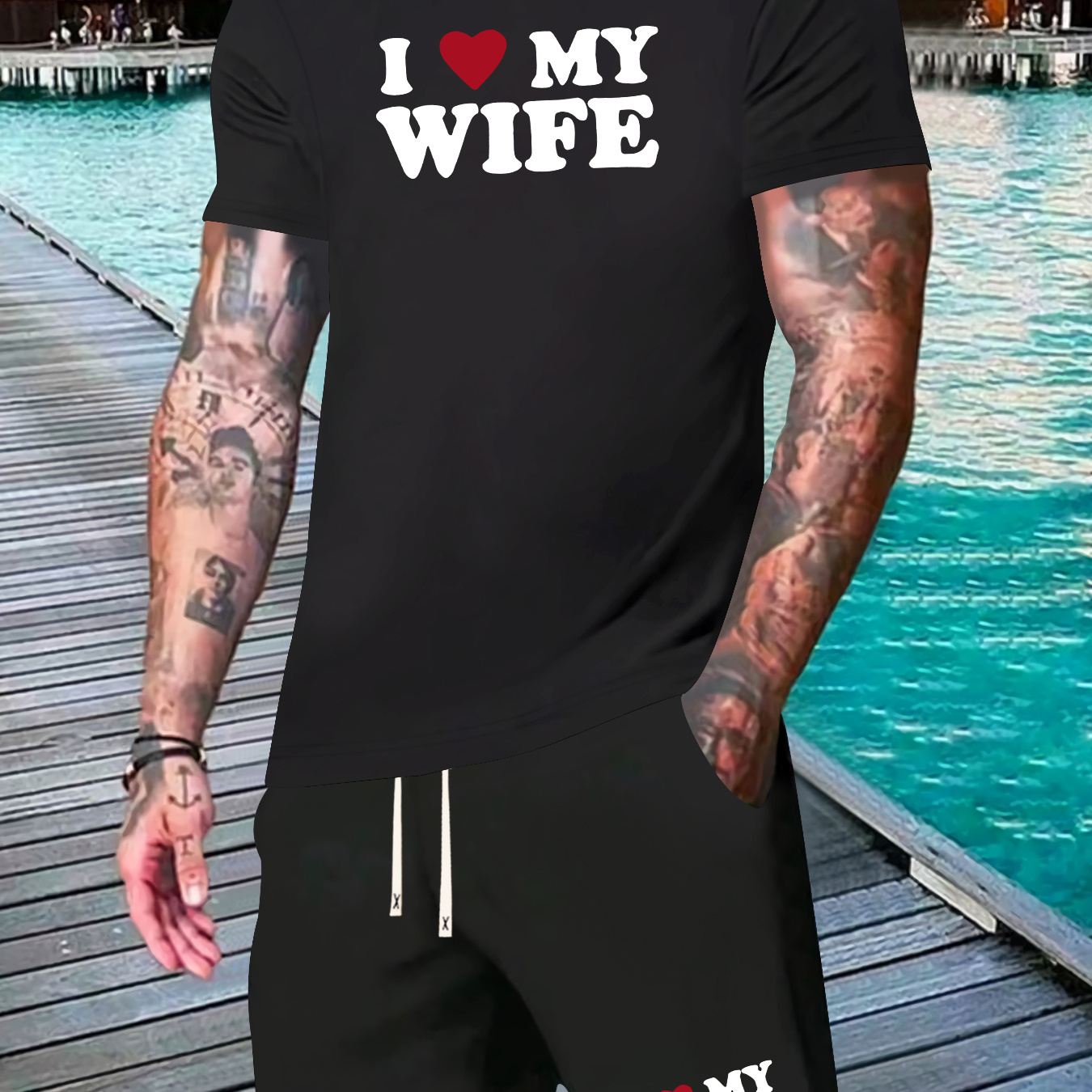 

I Love My Wife And Heart Pattern Print Men's 2 Outfits Short Sleeve T-shirt & Drawstring Shorts Set, Summer Casual Comfy Clothing For Daily Wear