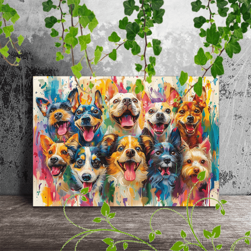 

1pc Wooden Framed Canvas Painting Colorful Group Of Dogs And Cats, Various Breeds, Smiling Faces, Vibrant And Cheerful, Playful And Lively Atmosphere, Detailed Fur And Expressions