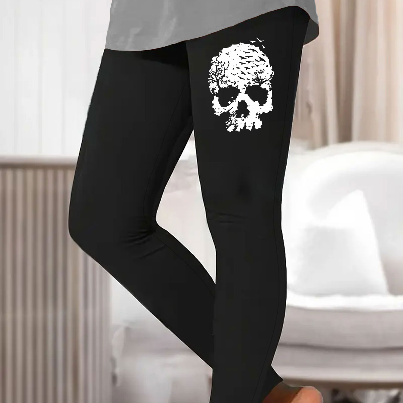 

Casual Skull Print Lounge Bottoms For Halloween, Elastic Medium Stretch Slim Fit Pants For Fall & Winter, Women's Loungewear