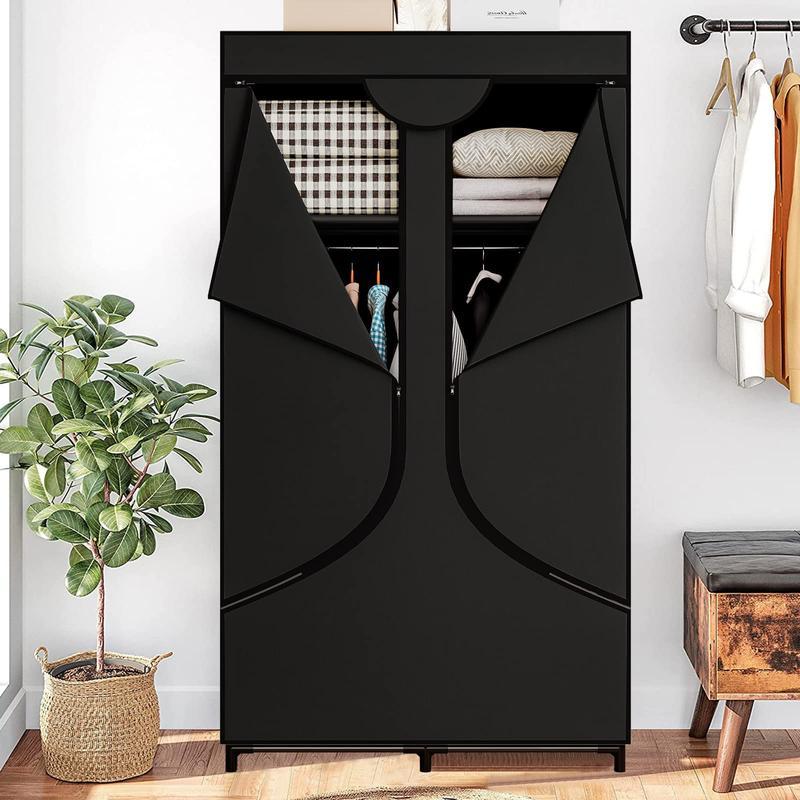 

Suoernuo Portable Wardrobe Closet Storage Organizer Metal Hanging Rack Non-woven Fabric 34 Inch Black