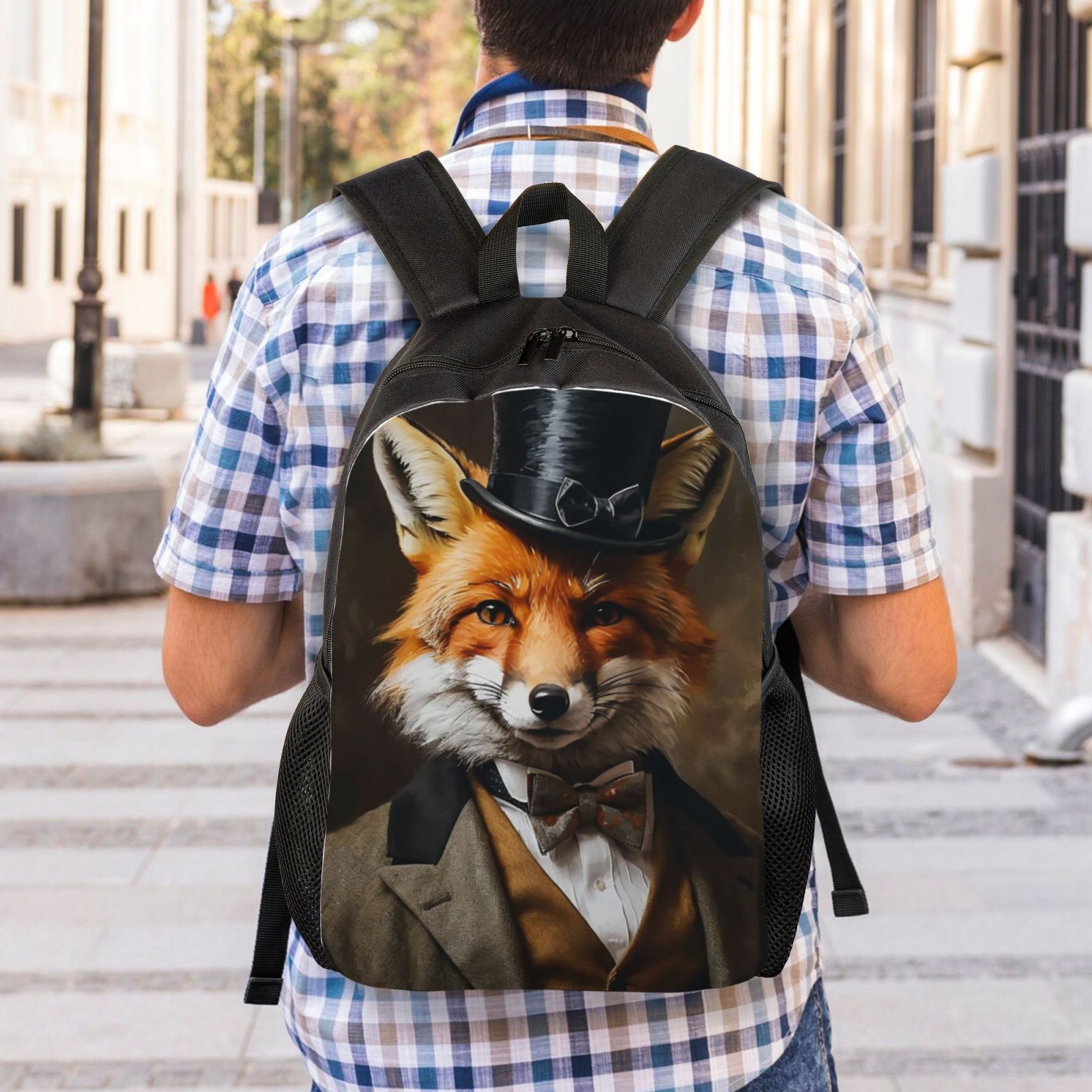 Fox Print Zipper Backpack Temu