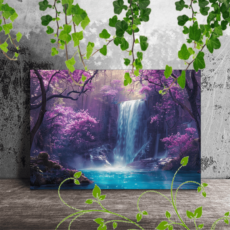 

1pc Wooden Framed Canvas Painting Enchanting Waterfall, Turquoise Water, Vibrant Purple Foliage, Surreal Landscape, Mystical Forest, Cascading Streams