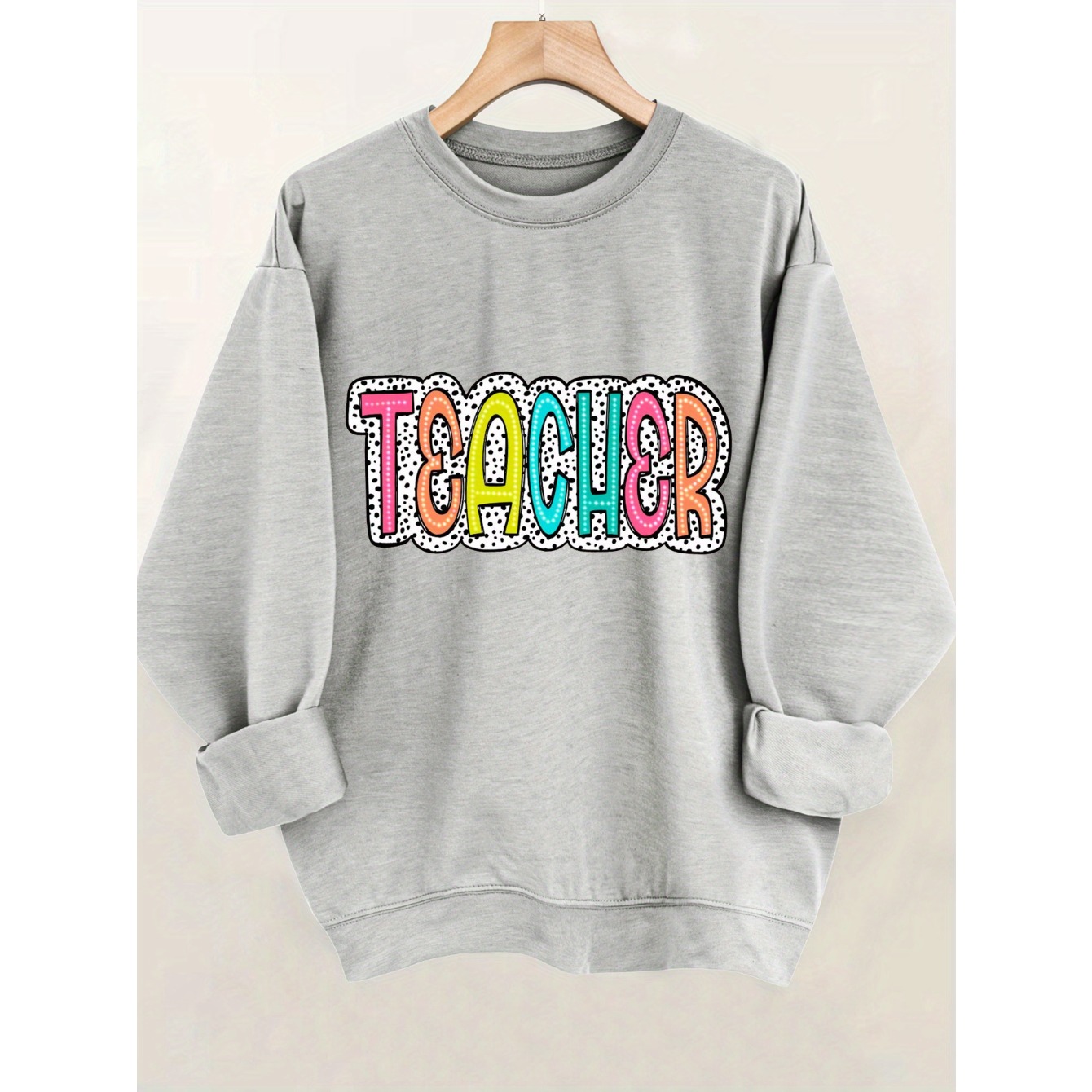 

Teacher Print Pullover Sweatshirt, Casual Long Sleeve Crew Neck Sweatshirt For Fall & Winter, Women's Clothing