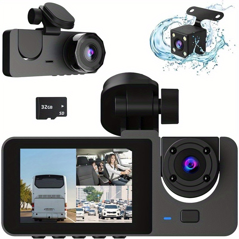 

3 Channel Dash Cam Front And Rear Inside, 1080p Full Hd Dash Camera For Cars With 32gb Sd Card, Dash Cam Dashboard Camera Recorder 170° Wide Angle, Night Vision, Wdr 24h Parking Mode G-sensor