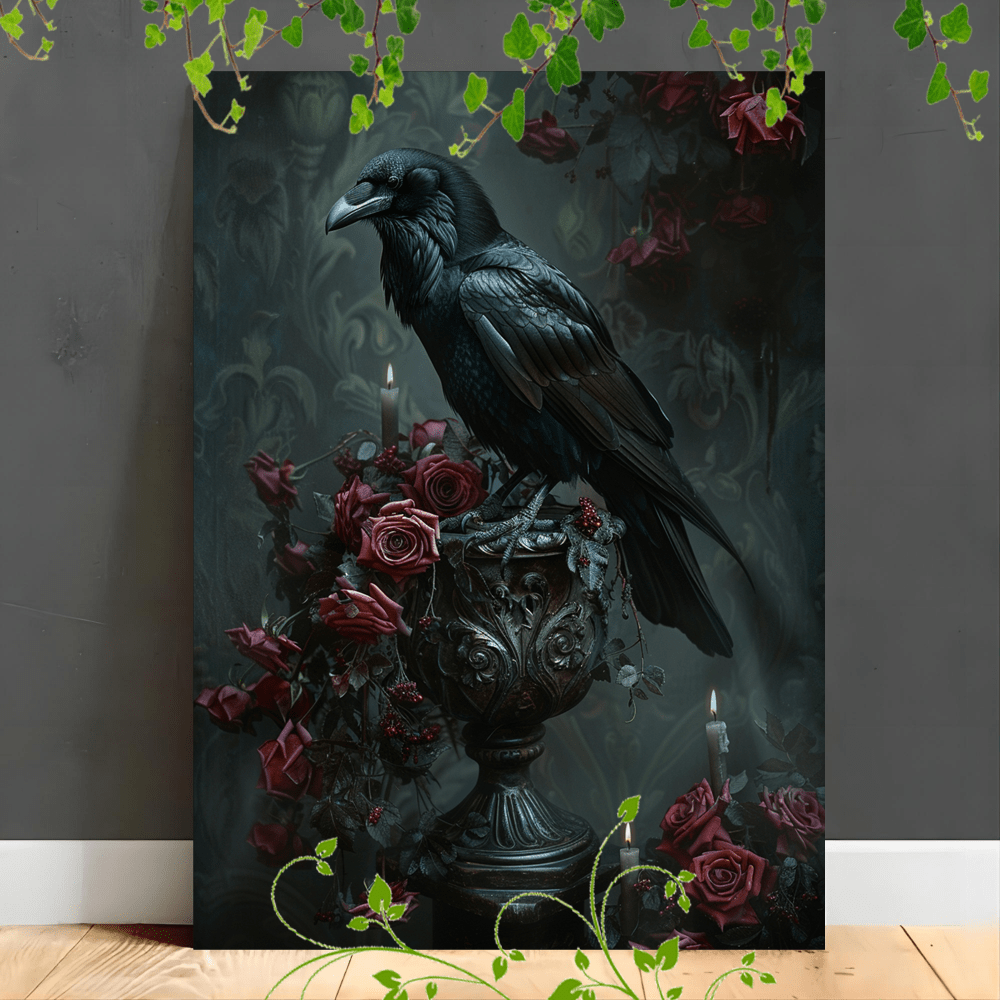 

1pc Wooden Framed Canvas Painting On A Vase, Roses, Candles, Dark And Gothic, Atmosphere, Detailed And Dramatic, Floral Arrangement, Dim Lighting