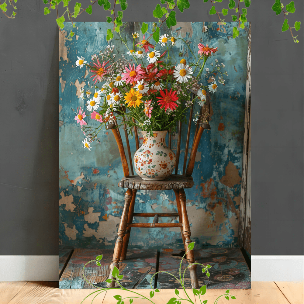 

1pc Wooden Framed Canvas Painting Rustic Chair, , Ceramic Vase, Country Decor, Vintage Style