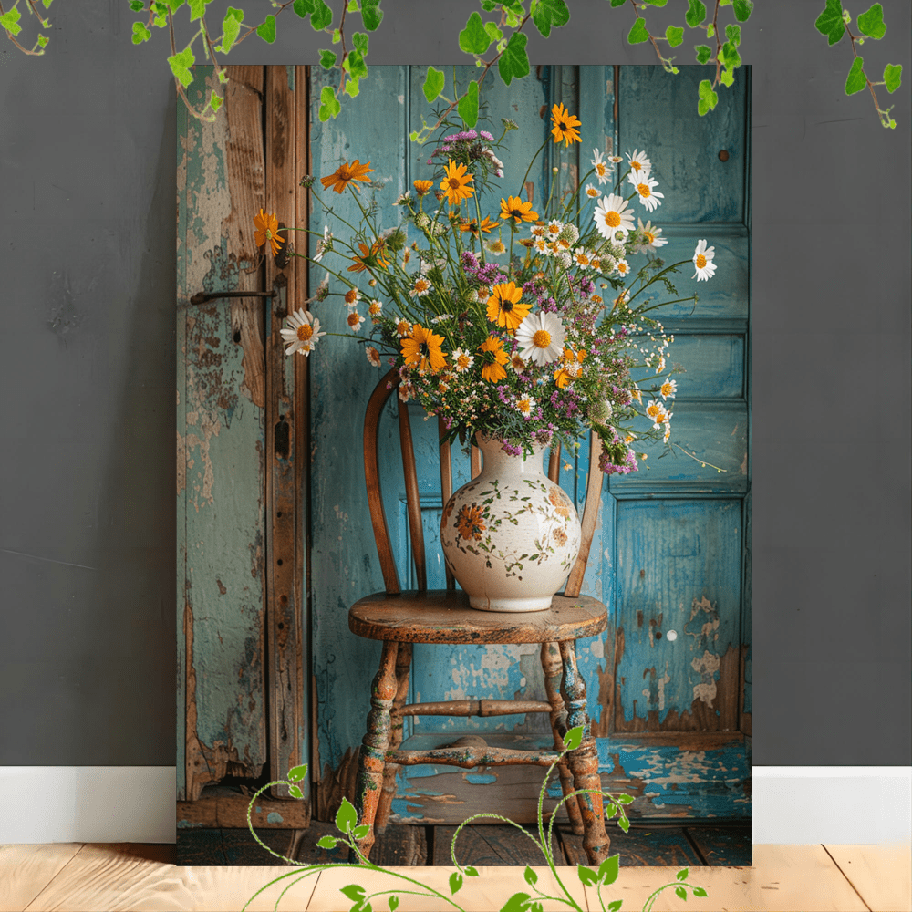 

1pc Wooden Canvas Painting Rustic Chair, , Ceramic Vase, Country Decor, Vintage Style (1)