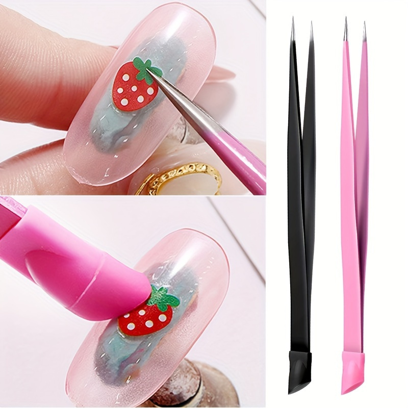 

1pc Dual-ended Nail Art Tweezers, Multifunctional Stainless Steel Rod With Silicone Tip And Precision Clamp, For Sticker Application And Gel Removal