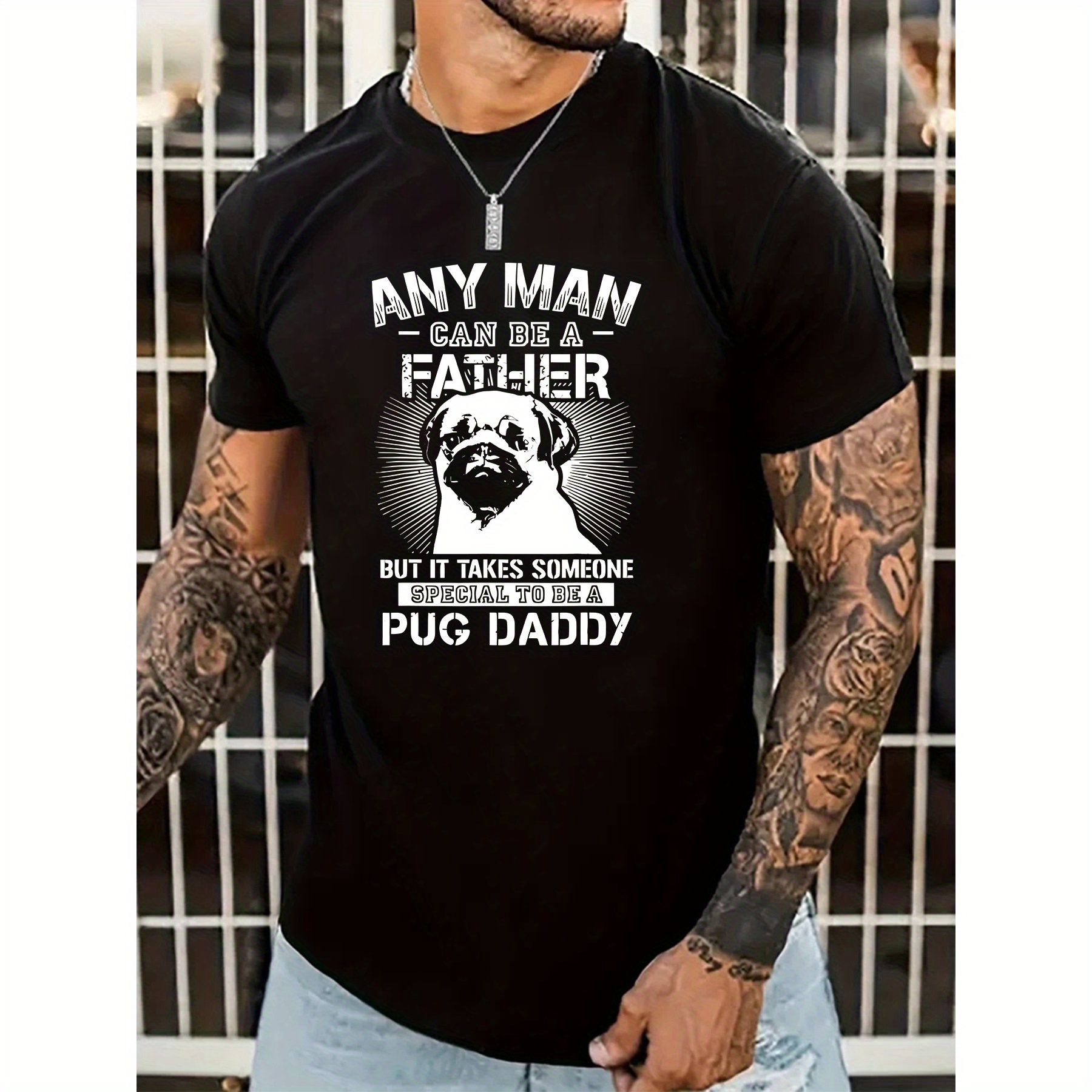 

Pug Daddy Print T-shirt For Men, Casual Short Sleeve Top, Men's Tee For Summer Daily Wear